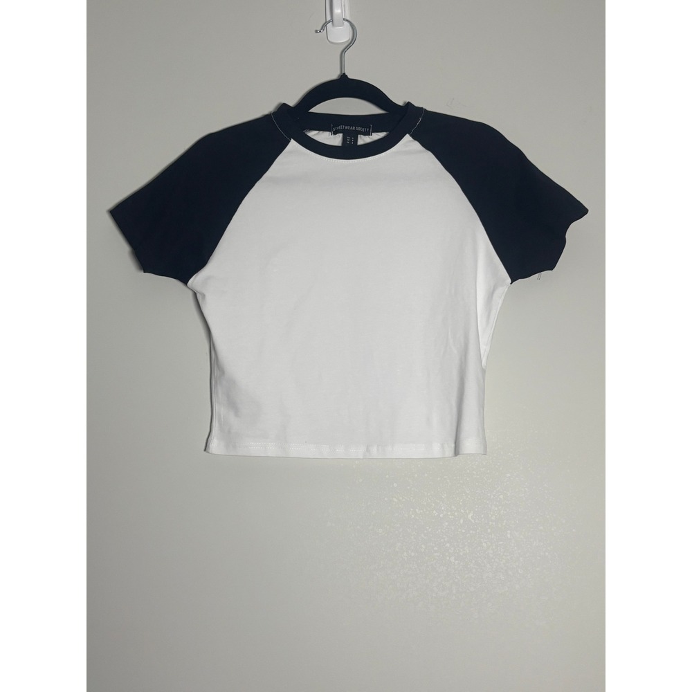 Streetwear Society Womens Raglan Crop Top Black White Baseball Tee Size L